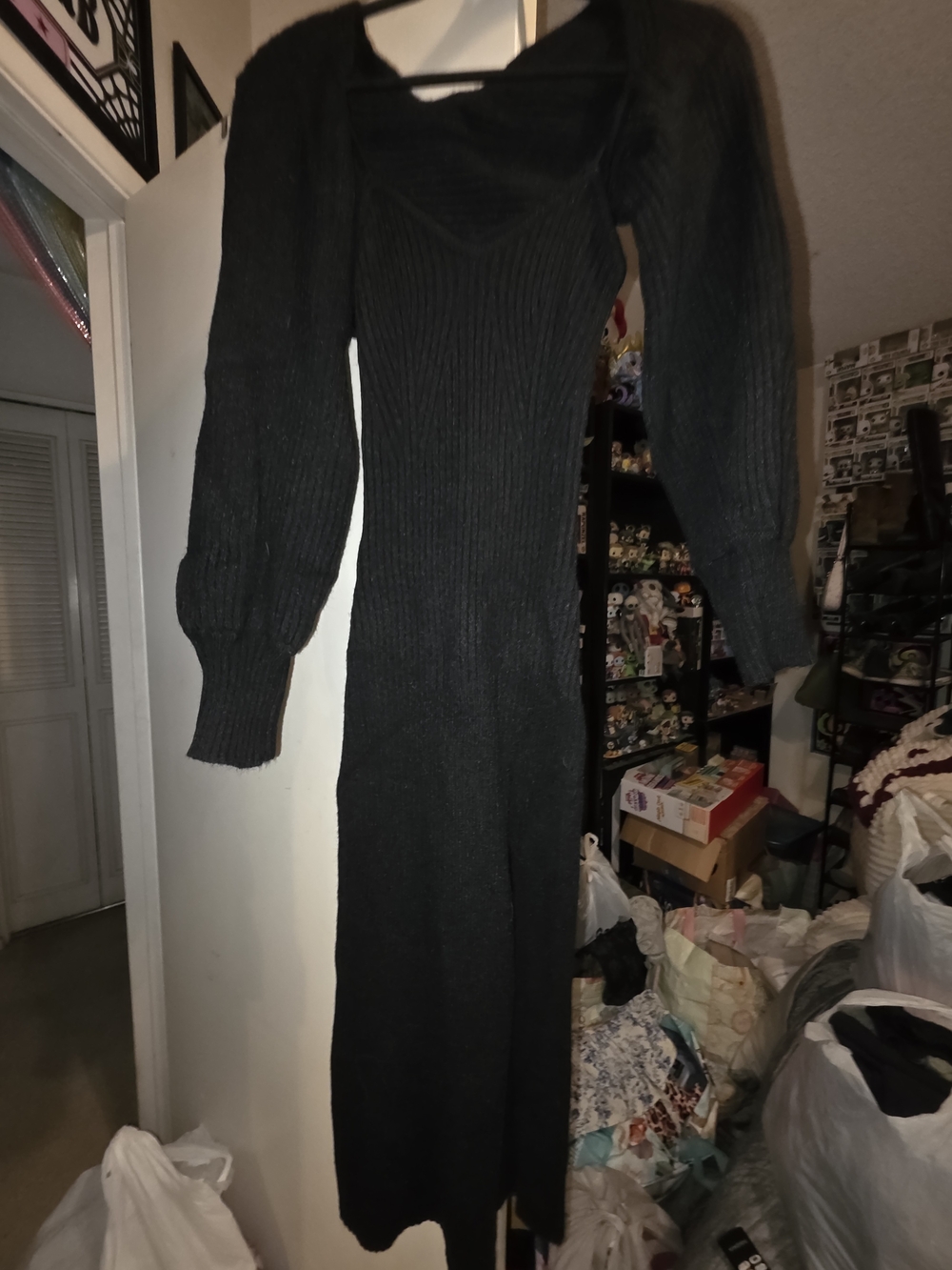 Cider Medium Black Ribbed V-Neck Maxi Dress With Sweater